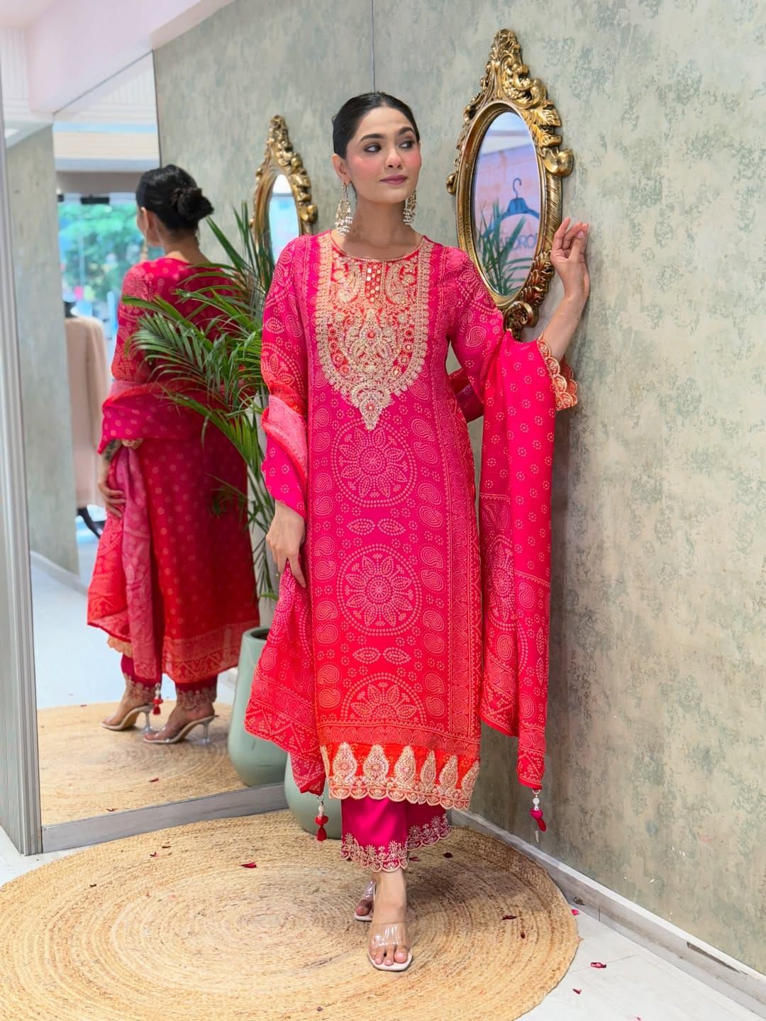 Rani Pink Embroidered Kurta Pant Set with Printed Dupatta