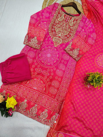 Rani Pink Embroidered Kurta Pant Set with Printed Dupatta