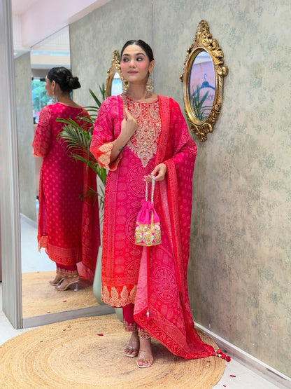 Rani Pink Embroidered Kurta Pant Set with Printed Dupatta