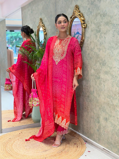 Rani Pink Embroidered Kurta Pant Set with Printed Dupatta