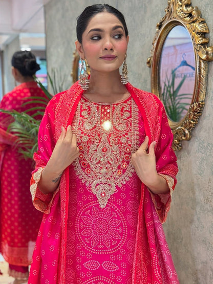 Rani Pink Embroidered Kurta Pant Set with Printed Dupatta