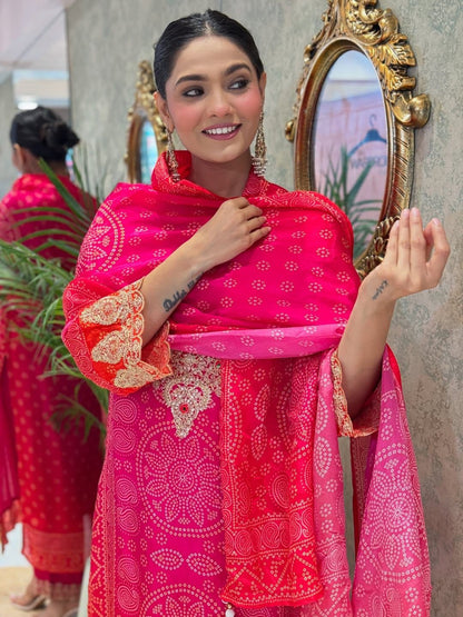 Rani Pink Embroidered Kurta Pant Set with Printed Dupatta