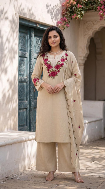 Elegant Beige Floral Embroidered Kurta Palazzo Set with Scalloped Dupatta