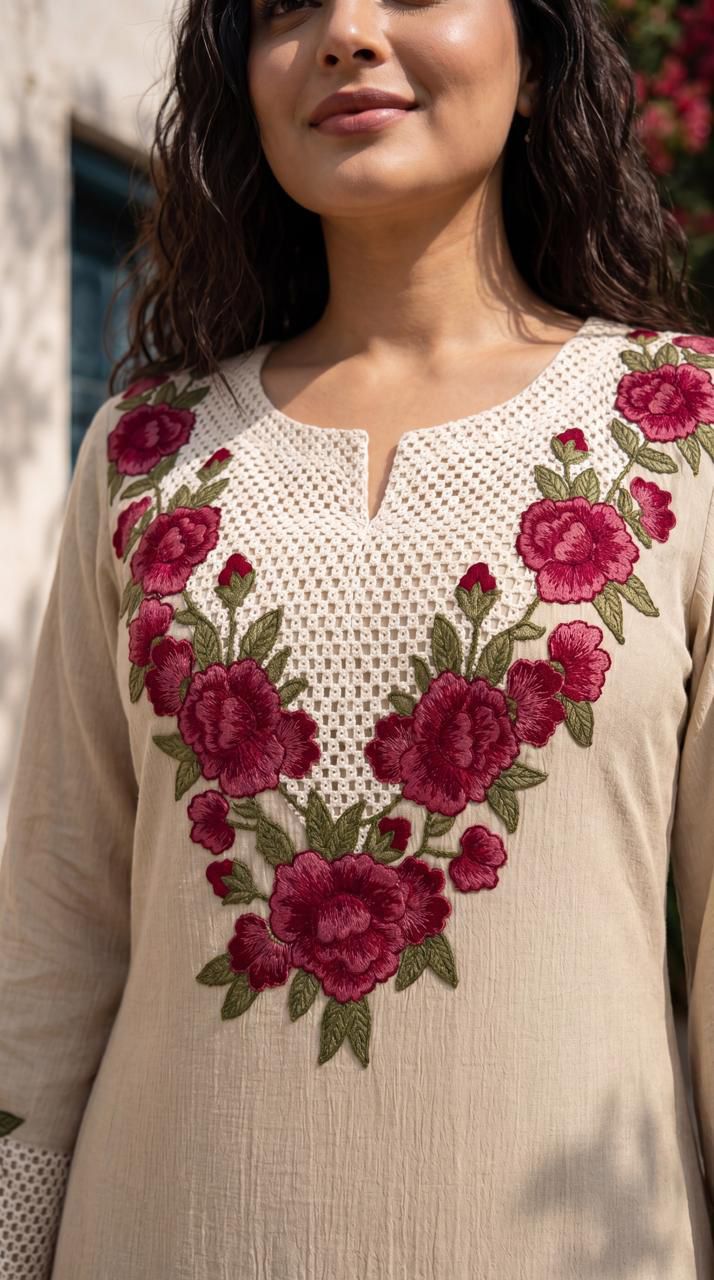 Elegant Beige Floral Embroidered Kurta Palazzo Set with Scalloped Dupatta