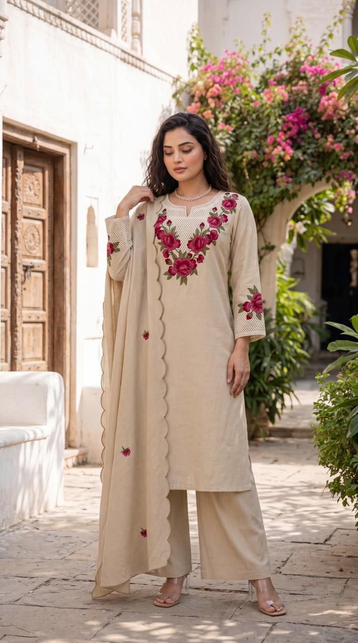 Elegant Beige Floral Embroidered Kurta Palazzo Set with Scalloped Dupatta