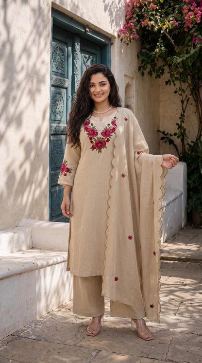 Elegant Beige Floral Embroidered Kurta Palazzo Set with Scalloped Dupatta