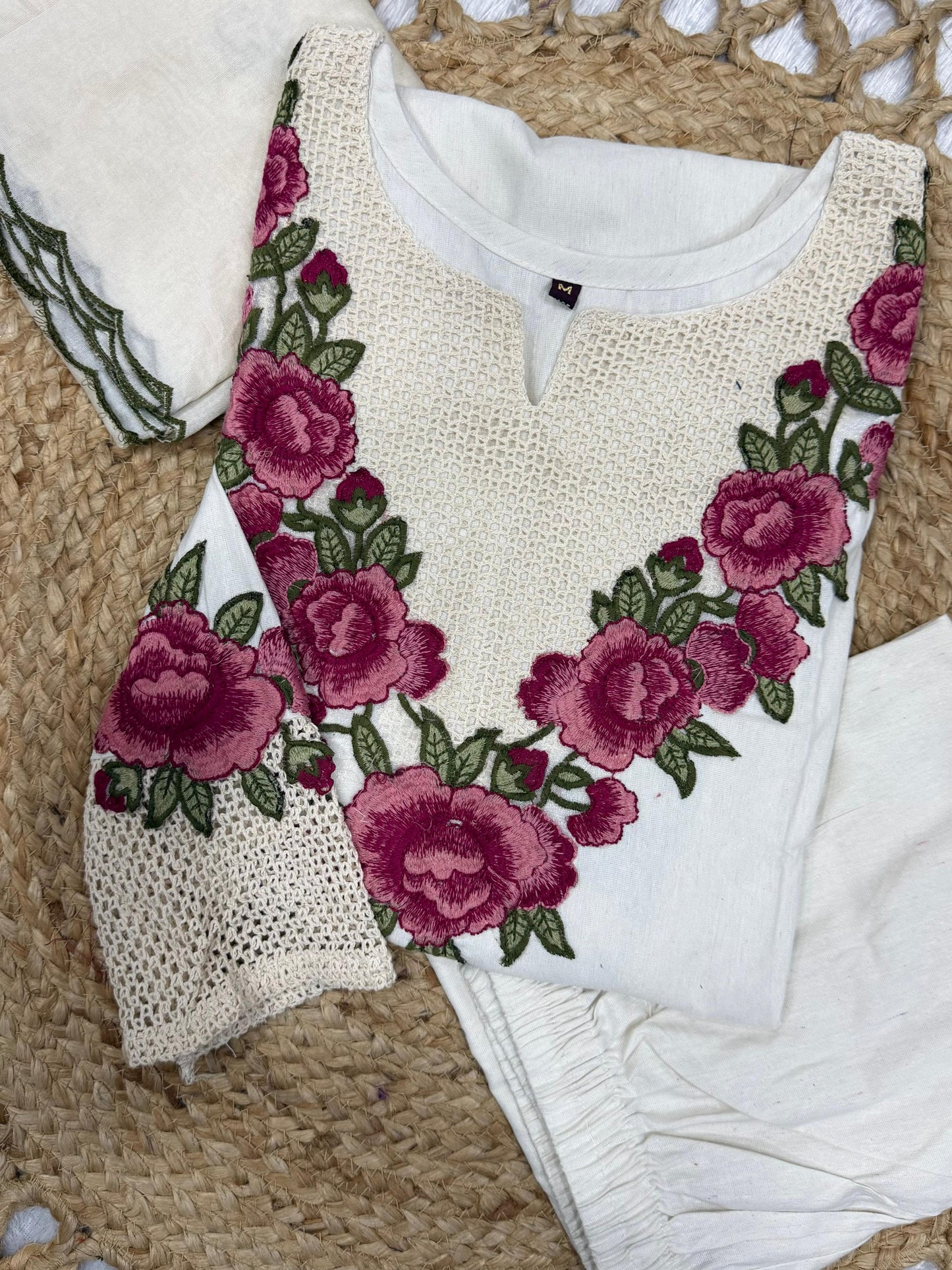 Elegant Beige Floral Embroidered Kurta Palazzo Set with Scalloped Dupatta