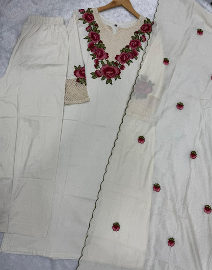 Elegant Beige Floral Embroidered Kurta Palazzo Set with Scalloped Dupatta