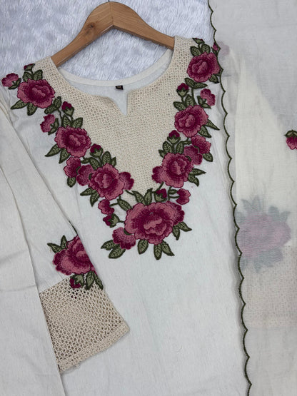 Elegant Beige Floral Embroidered Kurta Palazzo Set with Scalloped Dupatta