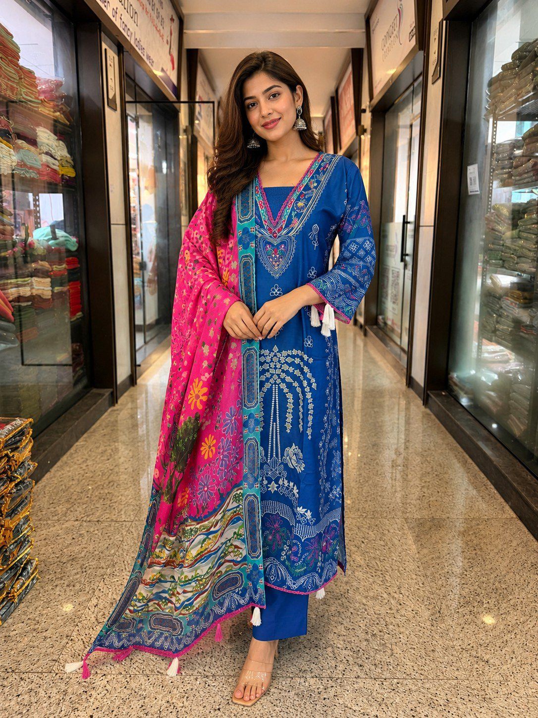 Royal Blue Digital Printed Kurta Pant Set with Vibrant Pink Dupatta