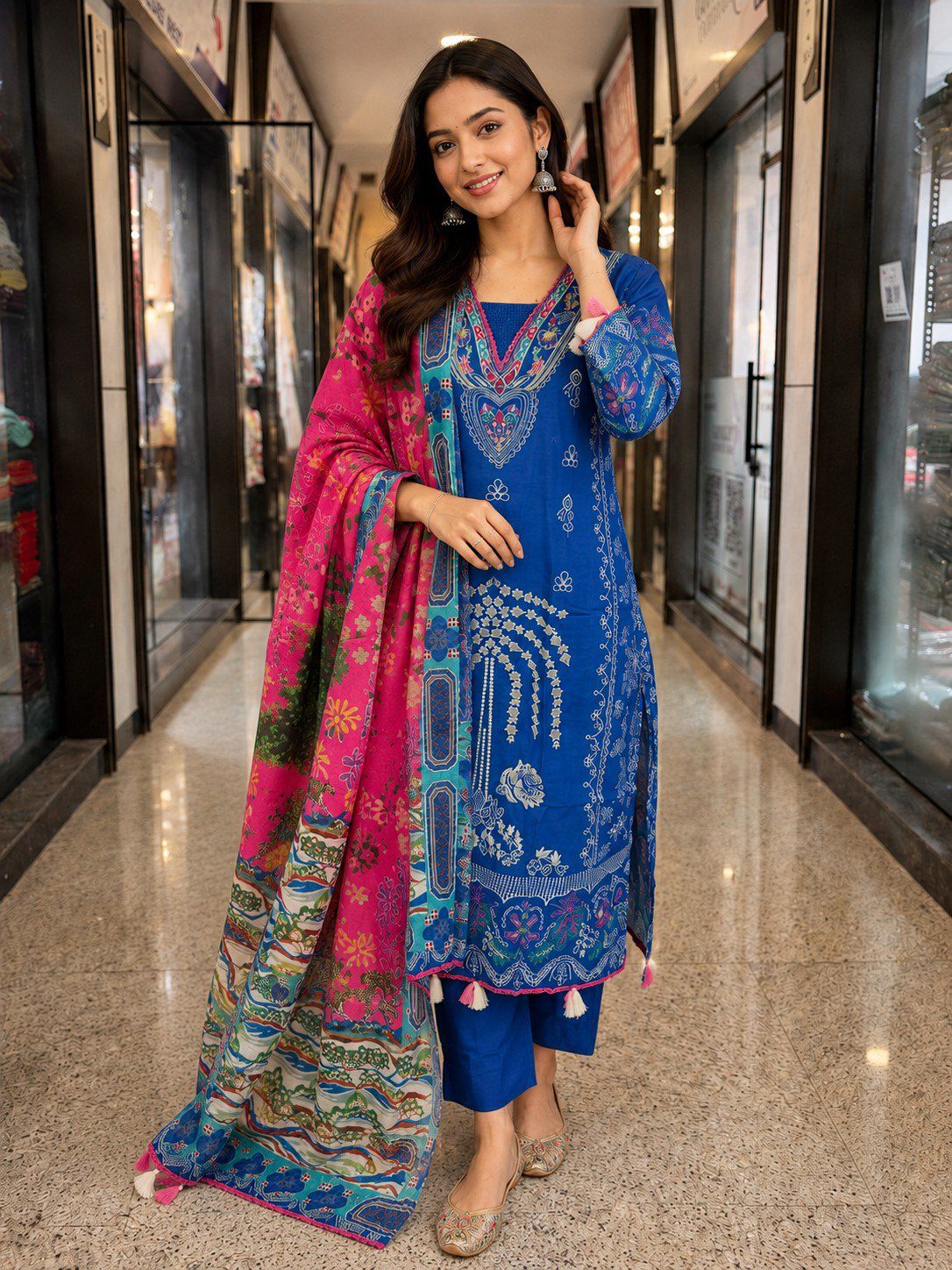 Royal Blue Digital Printed Kurta Pant Set with Vibrant Pink Dupatta