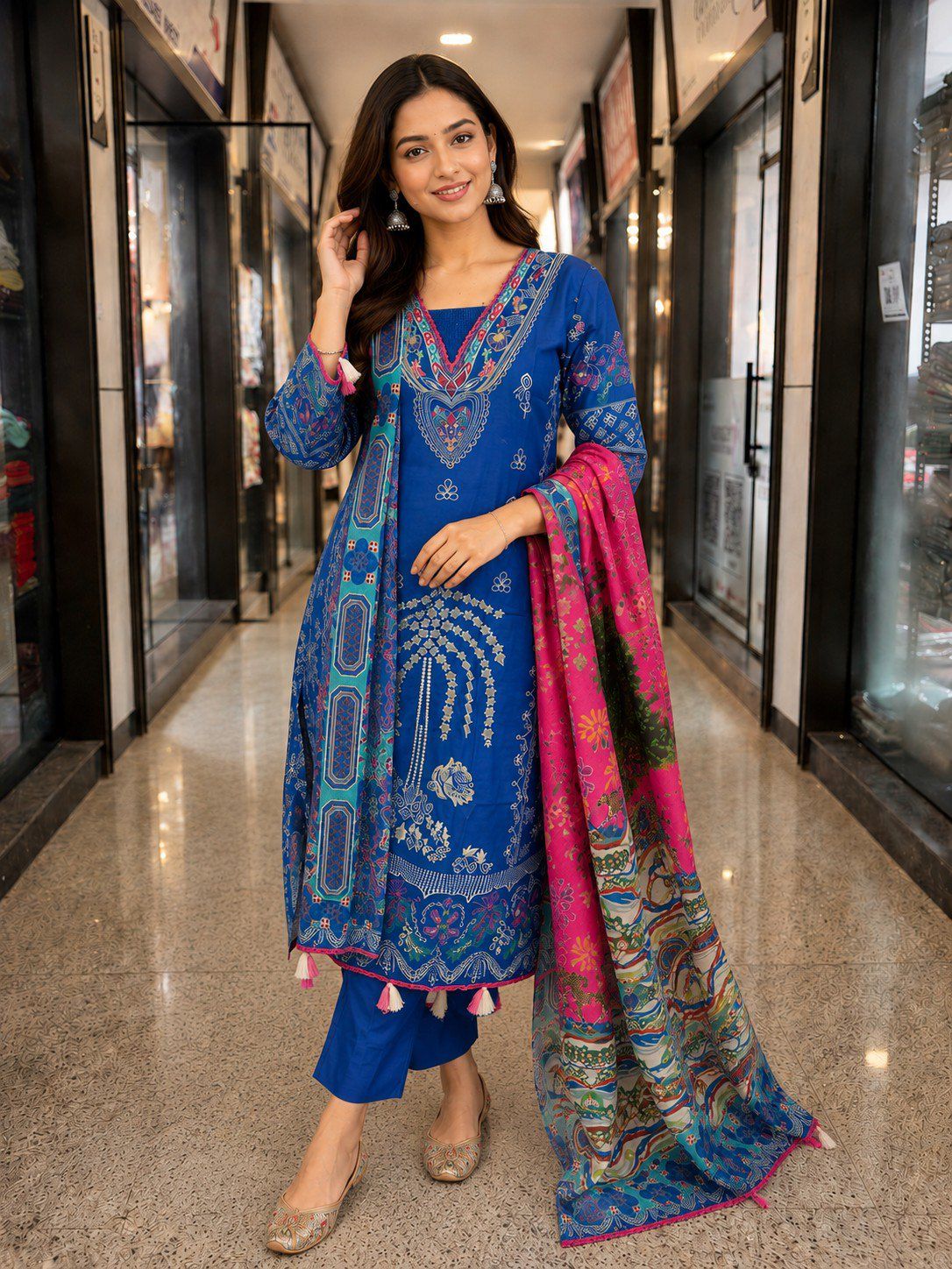 Royal Blue Digital Printed Kurta Pant Set with Vibrant Pink Dupatta