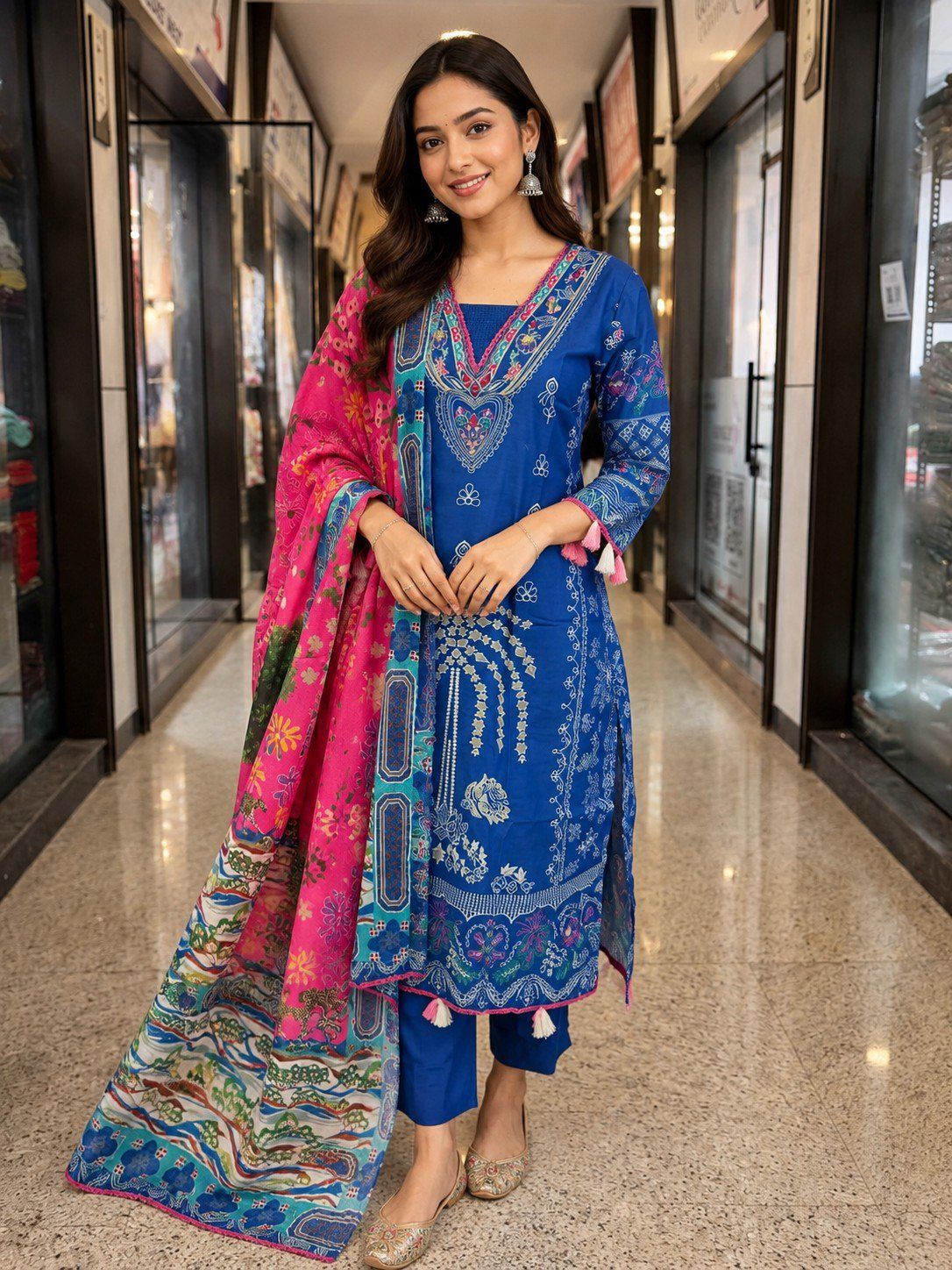 Royal Blue Digital Printed Kurta Pant Set with Vibrant Pink Dupatta