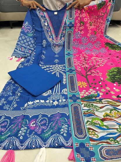 Royal Blue Digital Printed Kurta Pant Set with Vibrant Pink Dupatta