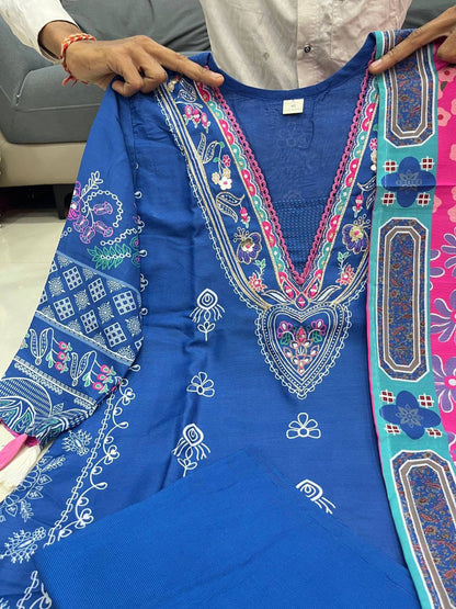 Royal Blue Digital Printed Kurta Pant Set with Vibrant Pink Dupatta