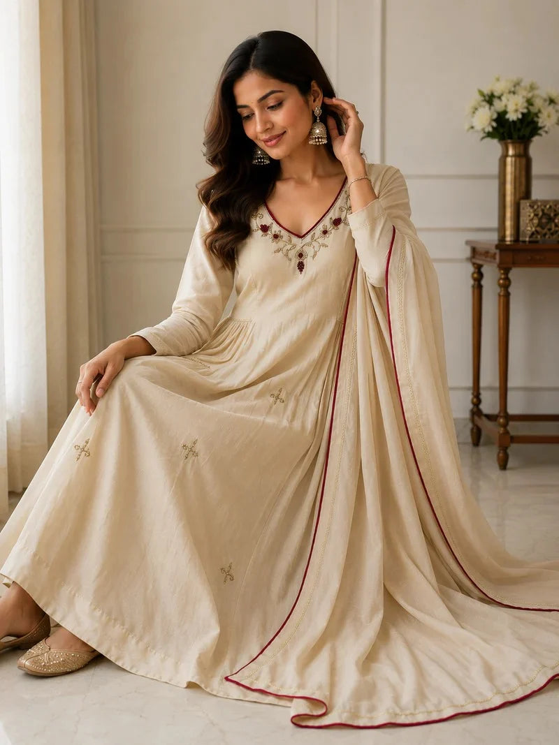 Cream Elegance Embroidered Flared Anarkali Set