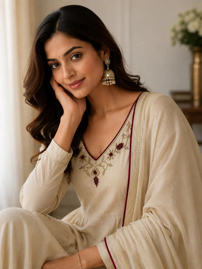 Cream Elegance Embroidered Flared Anarkali Set