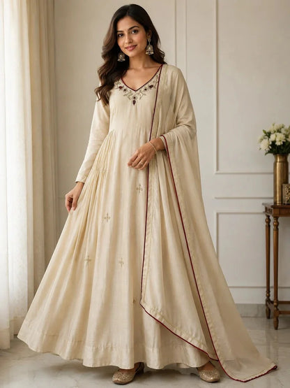 Cream Elegance Embroidered Flared Anarkali Set