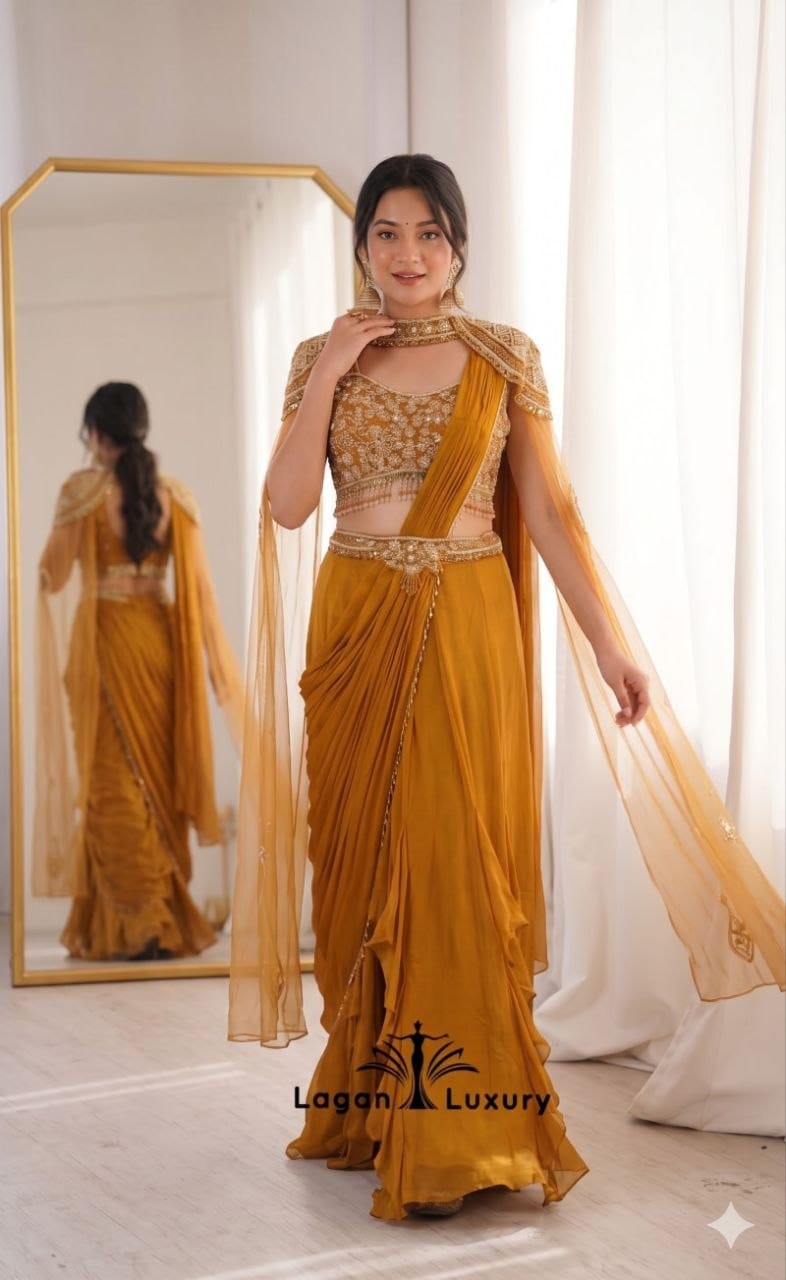 Mustard Gold Ready-to-Wear Lehenga Saree with Embroidered Blouse & Cape