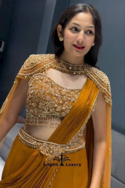 Mustard Gold Ready-to-Wear Lehenga Saree with Embroidered Blouse & Cape