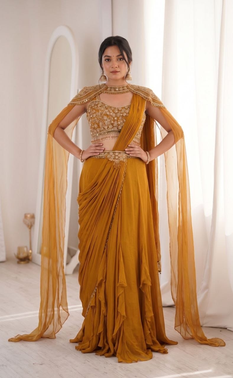 Mustard Gold Ready-to-Wear Lehenga Saree with Embroidered Blouse & Cape