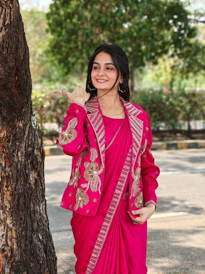 Rani Pink Ready-to-Wear Saree with Embroidered Designer Jacket