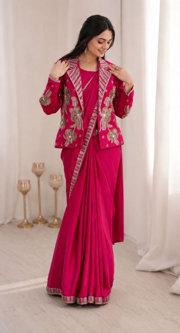 Rani Pink Ready-to-Wear Saree with Embroidered Designer Jacket