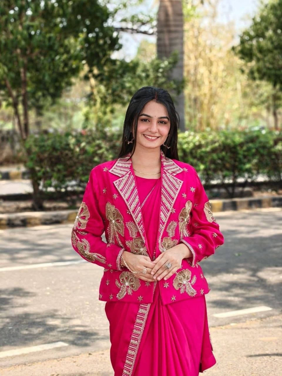 Rani Pink Ready-to-Wear Saree with Embroidered Designer Jacket