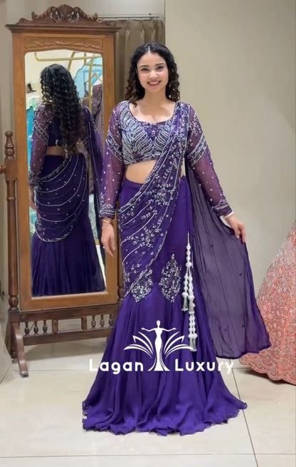 Royal Purple Ready-to-Wear Lehenga Saree with Embroidered Blouse & Drape