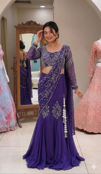 Royal Purple Ready-to-Wear Lehenga Saree with Embroidered Blouse & Drape