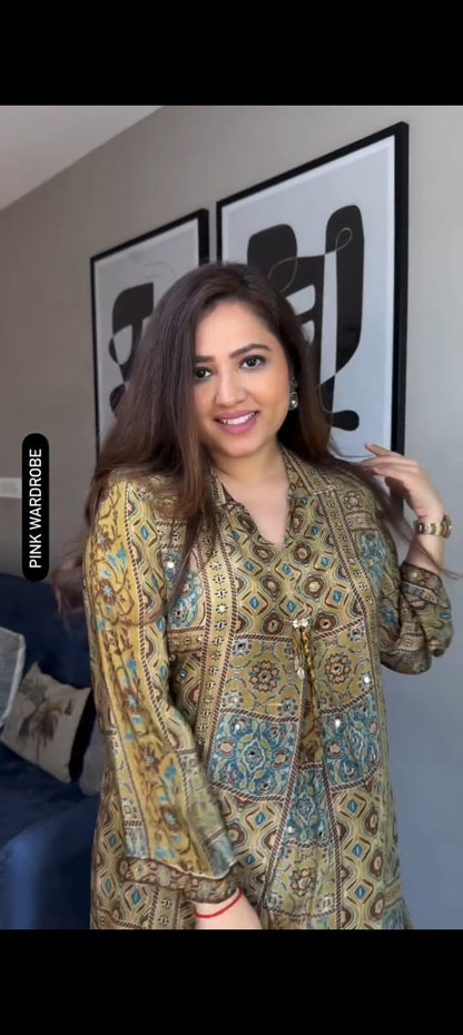 Graceful Olive Heritage Printed Kurta Set with Matching Pants
