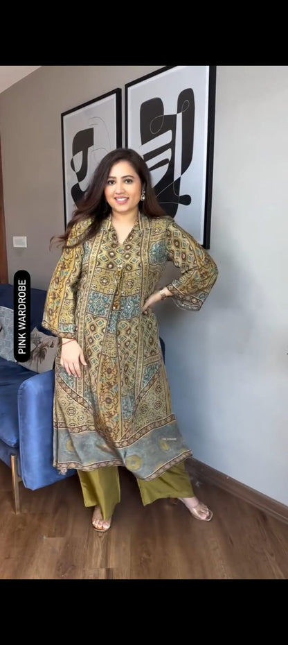 Graceful Olive Heritage Printed Kurta Set with Matching Pants