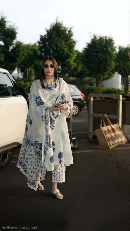 Elegant Floral Print Cotton Kurta Set with Matching Dupatta