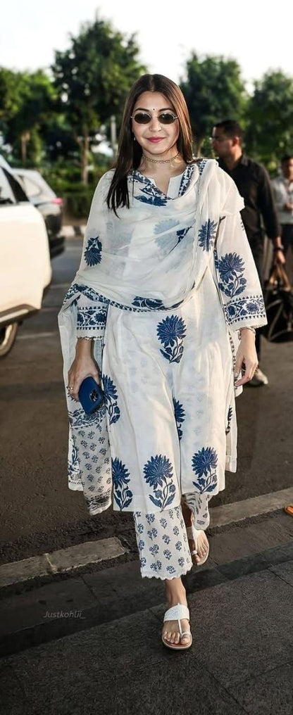 Elegant Floral Print Cotton Kurta Set with Matching Dupatta
