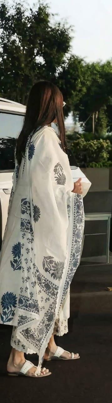 Elegant Floral Print Cotton Kurta Set with Matching Dupatta