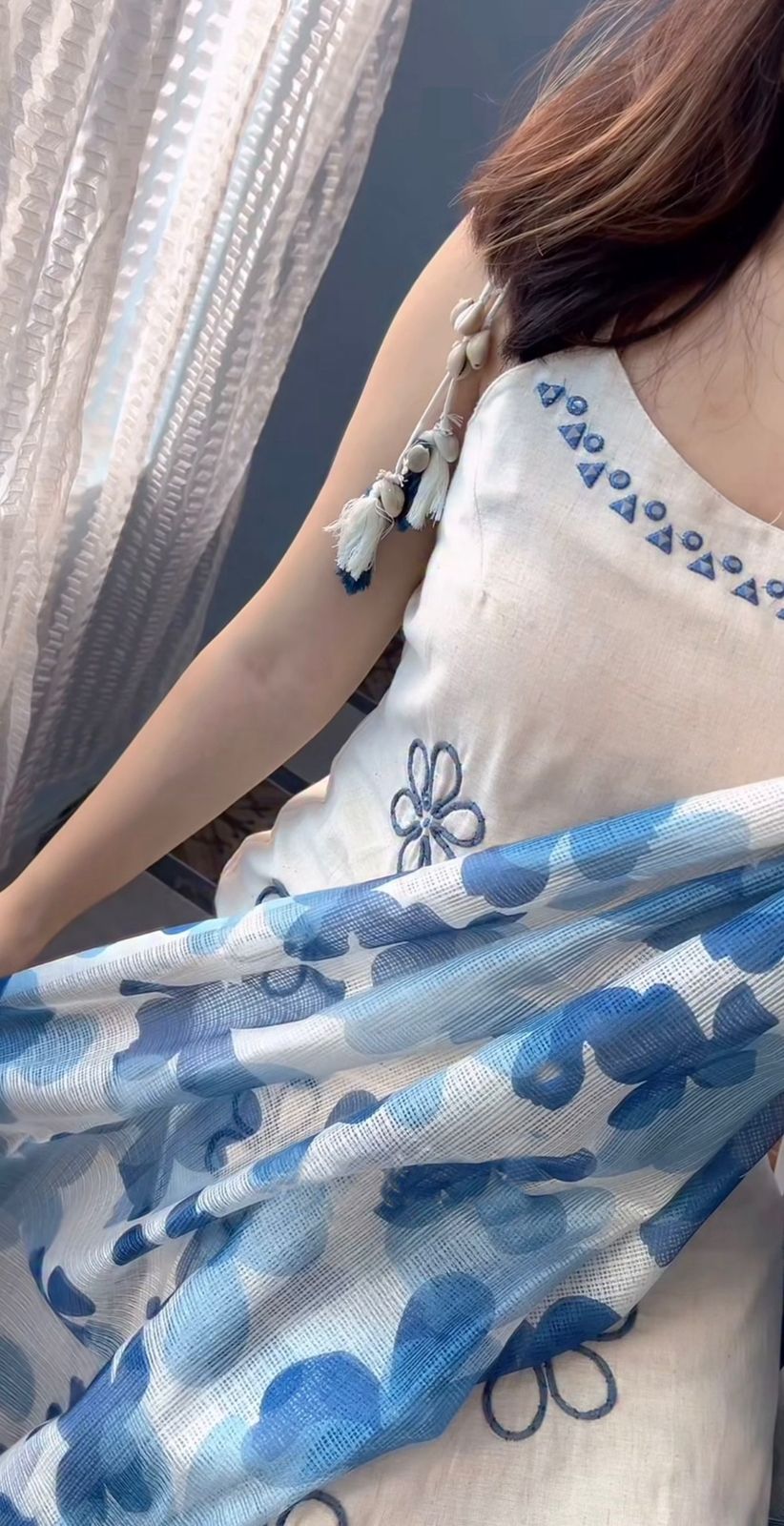 Elegant Off-White Rayon Cotton Kurta Set with Blue Floral Printed Organza Dupatta