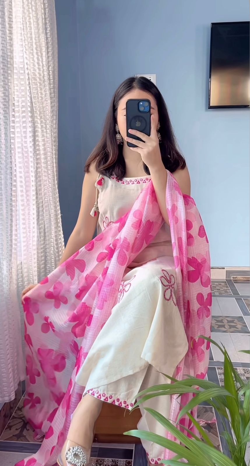 Elegant Off-White and Pink Floral Organza Kurti Set with Designer Dupatta