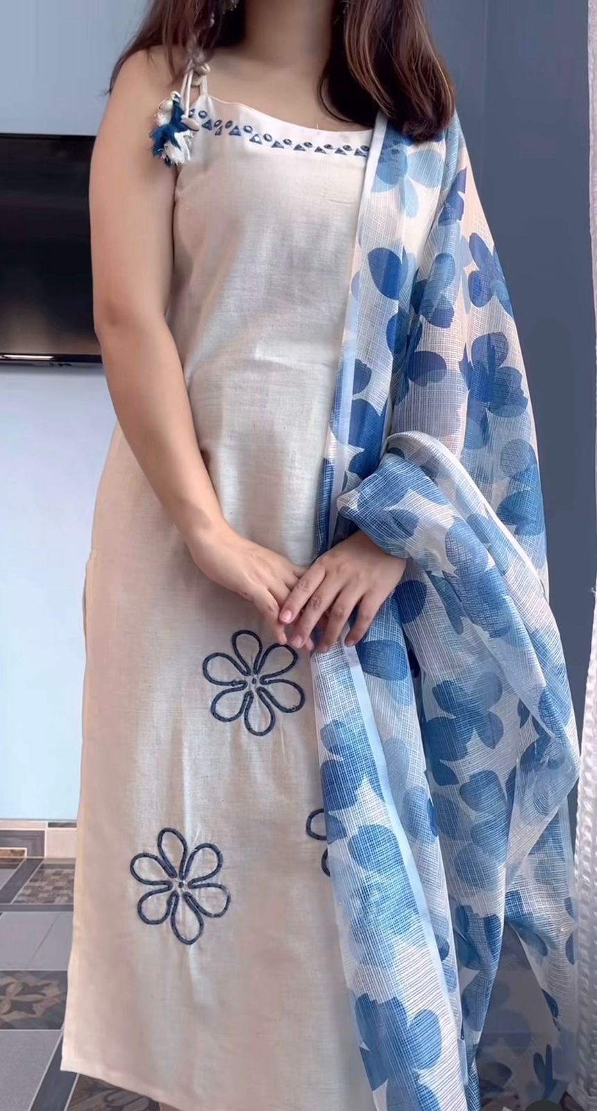 Elegant Off-White Rayon Cotton Kurta Set with Blue Floral Printed Organza Dupatta