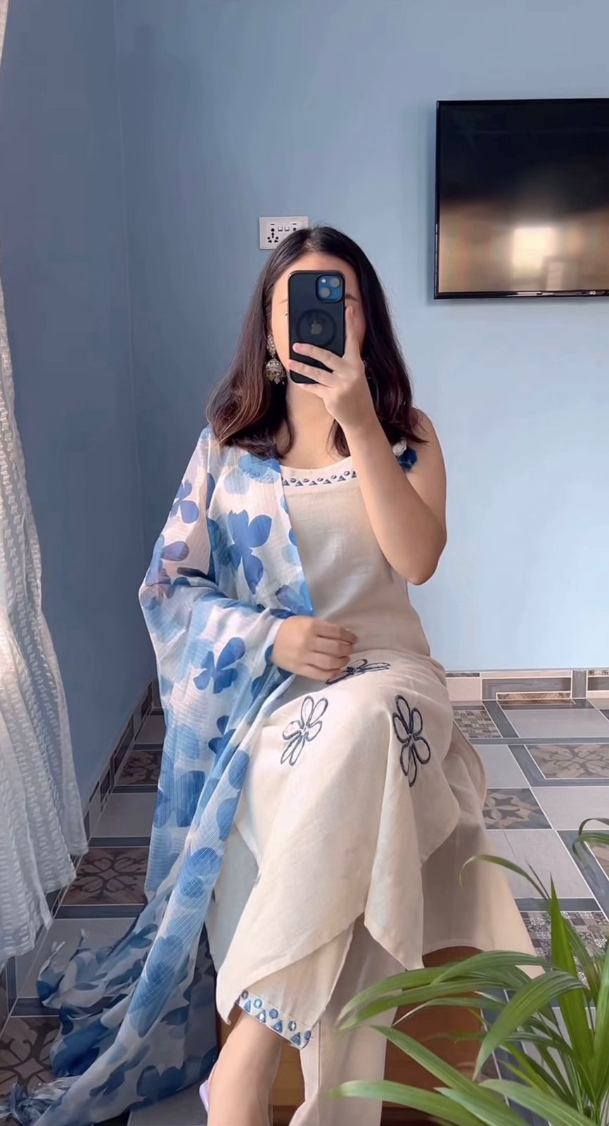 Elegant Off-White Rayon Cotton Kurta Set with Blue Floral Printed Organza Dupatta