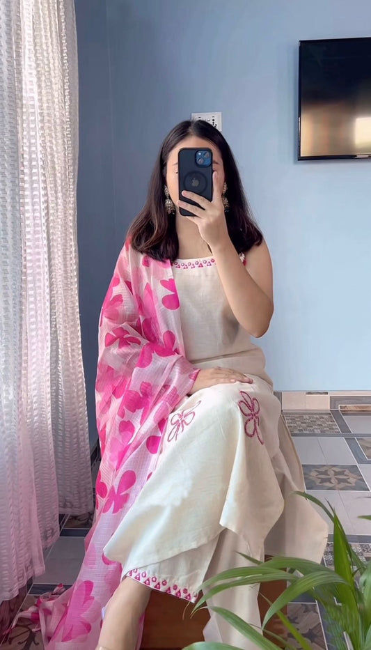 Elegant Off-White and Pink Floral Organza Kurti Set with Designer Dupatta