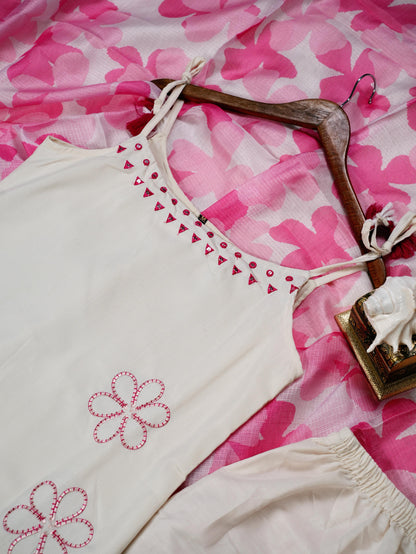 Elegant Off-White and Pink Floral Organza Kurti Set with Designer Dupatta