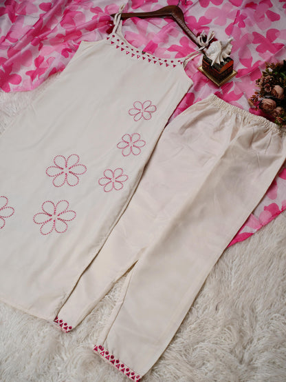 Elegant Off-White and Pink Floral Organza Kurti Set with Designer Dupatta