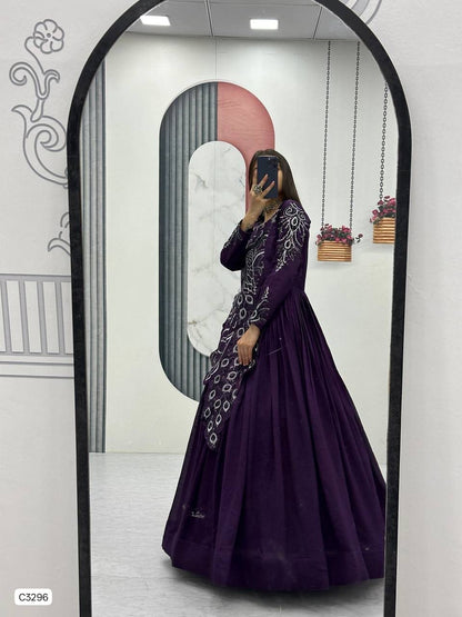 Beautiful Royal Plum Peacock Designer Anarkali Gown in Vichitra Silk