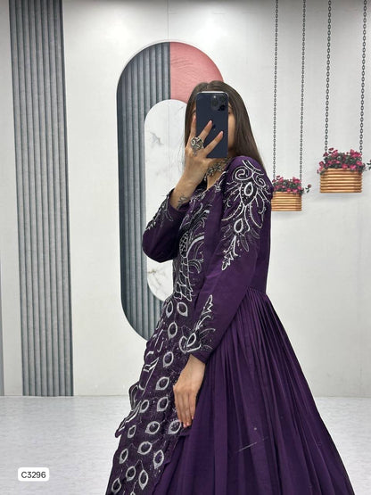 Beautiful Royal Plum Peacock Designer Anarkali Gown in Vichitra Silk
