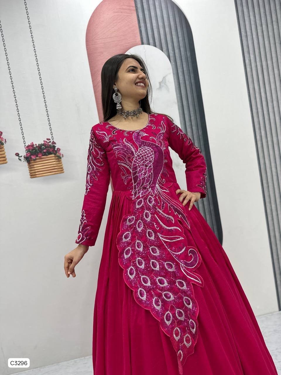 Exclusive Fuchsia Peacock Embroidered Anarkali Gown in Vichitra Silk