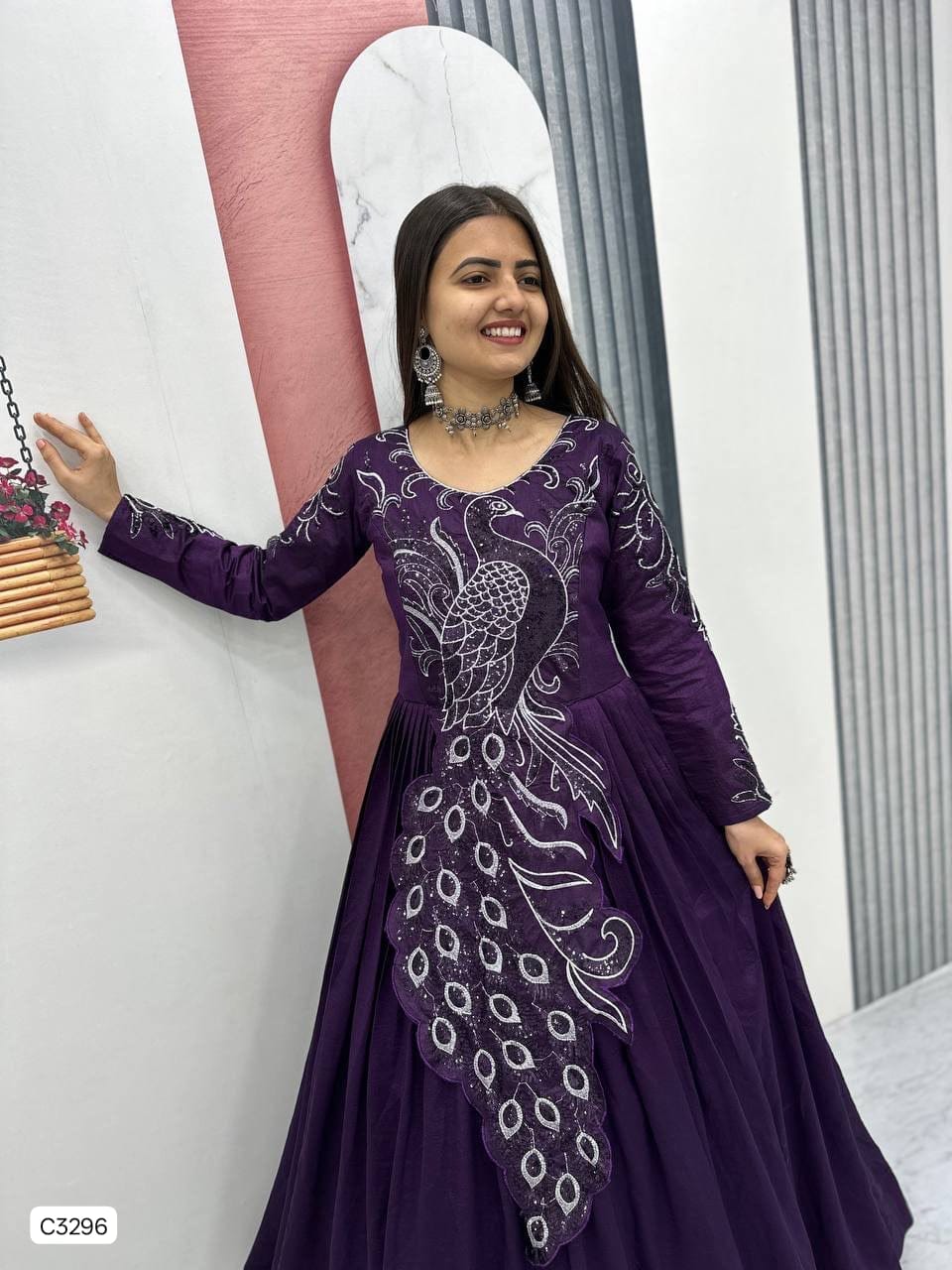 Beautiful Royal Plum Peacock Designer Anarkali Gown in Vichitra Silk