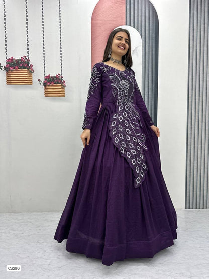 Beautiful Royal Plum Peacock Designer Anarkali Gown in Vichitra Silk