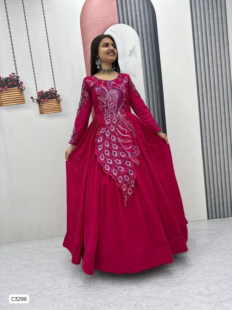 Exclusive Fuchsia Peacock Embroidered Anarkali Gown in Vichitra Silk