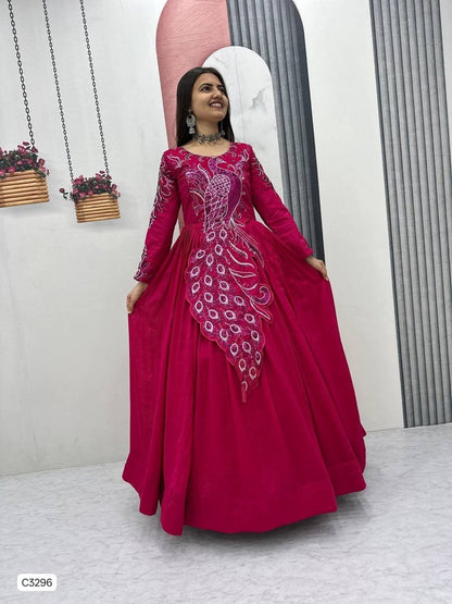 Exclusive Fuchsia Peacock Embroidered Anarkali Gown in Vichitra Silk