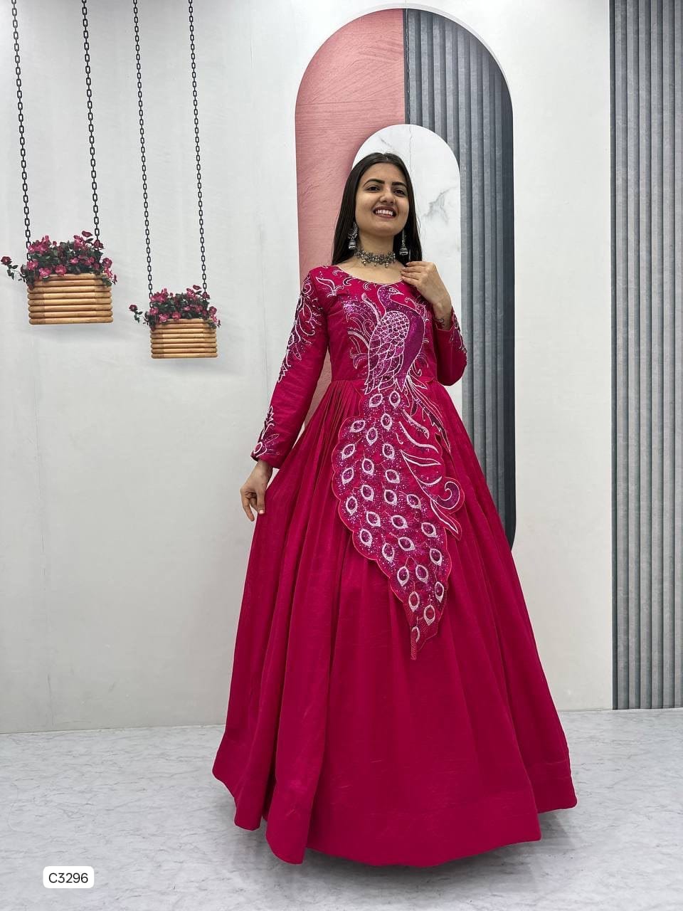 Exclusive Fuchsia Peacock Embroidered Anarkali Gown in Vichitra Silk